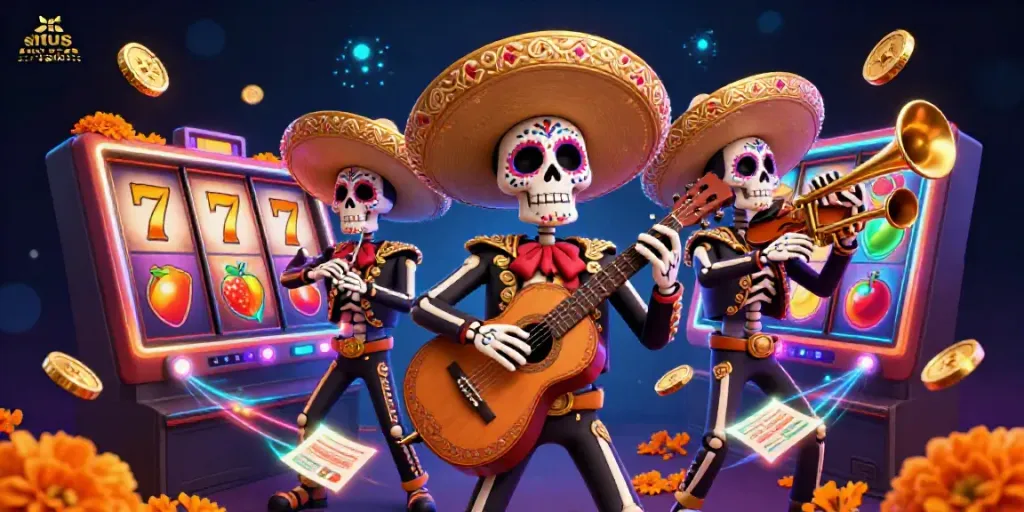 Engage with the dynamic world of situs slot gacor as a spirited mariachi band surrounded by colorful slot game elements.