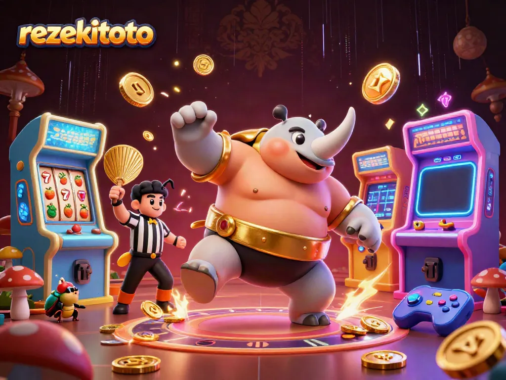 Experience rezekitoto’s thrilling gaming scene with a sumo beetle champion and vibrant arcade elements.