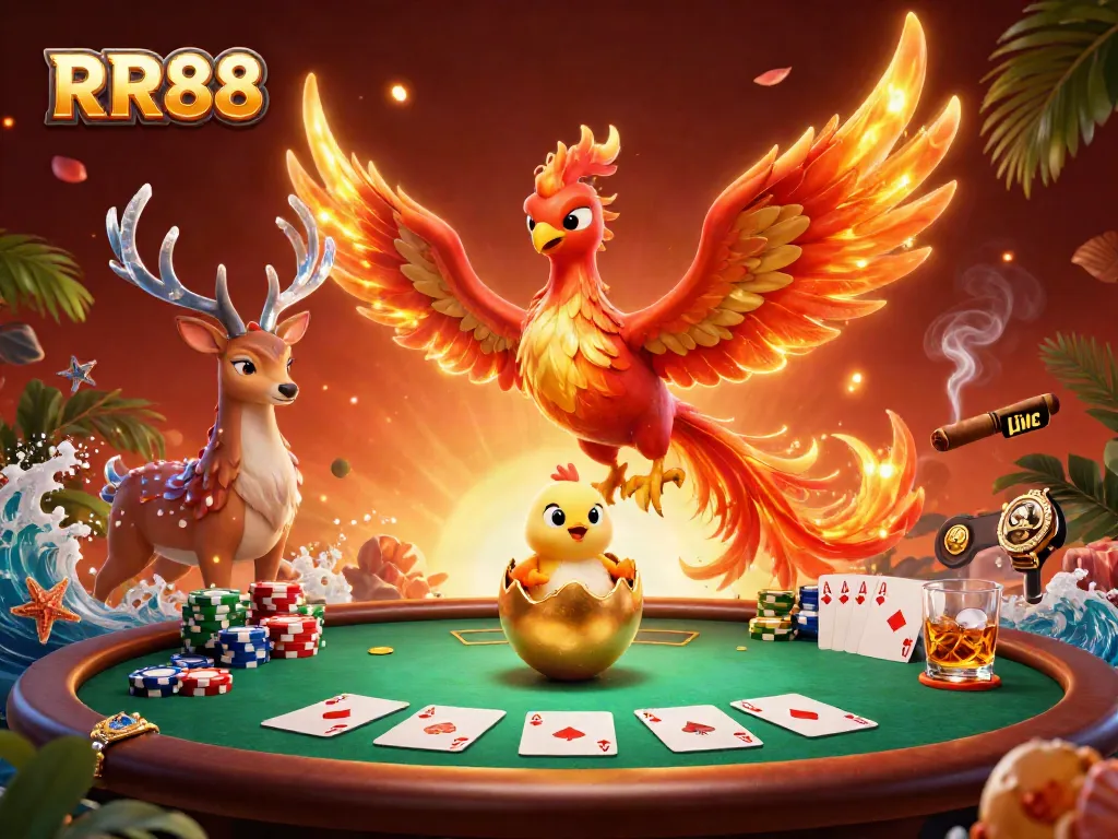 Experience excitement at RR88 with vibrant 3D characters and casino game elements animated in a rich illustration.