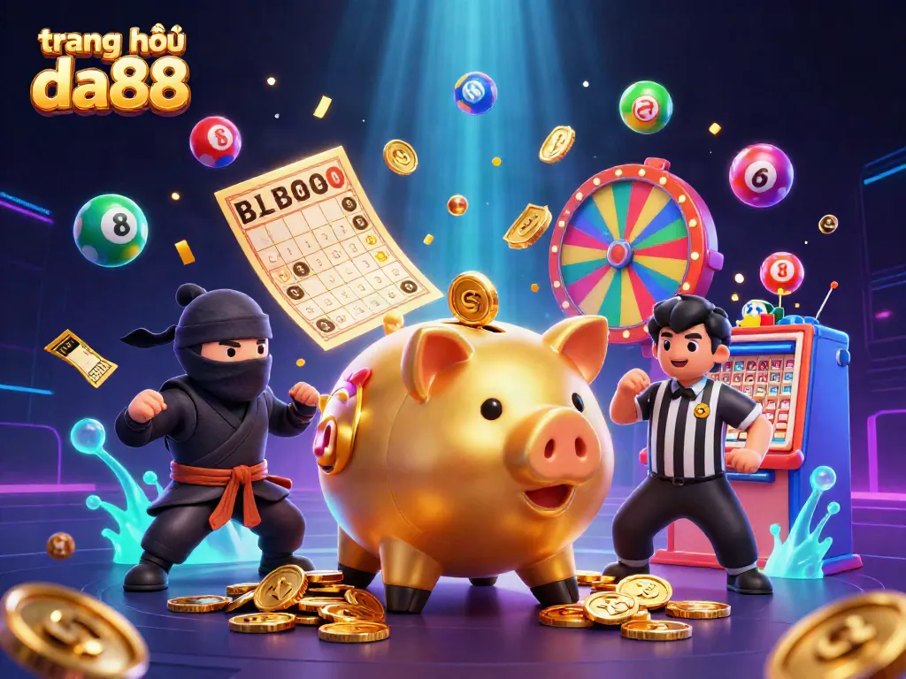 Play games at trang chủ da88 with a dynamic scene featuring a golden piggy bank sumo wrestler, ninja, and referee.