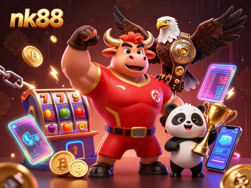 Engage in exhilarating gaming with nk88, featuring a dynamic bull, eagle, and panda in a vibrant casino scene.