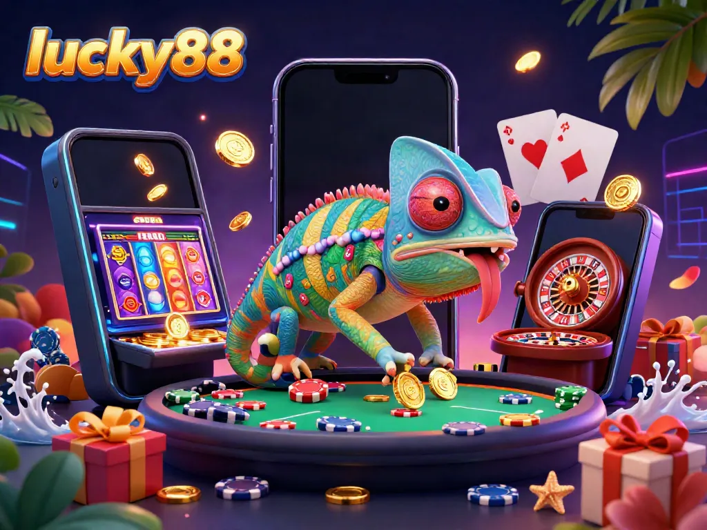 Experience thrilling action in lucky88 as the chameleon casino owner catches golden coins while overseeing vibrant games.