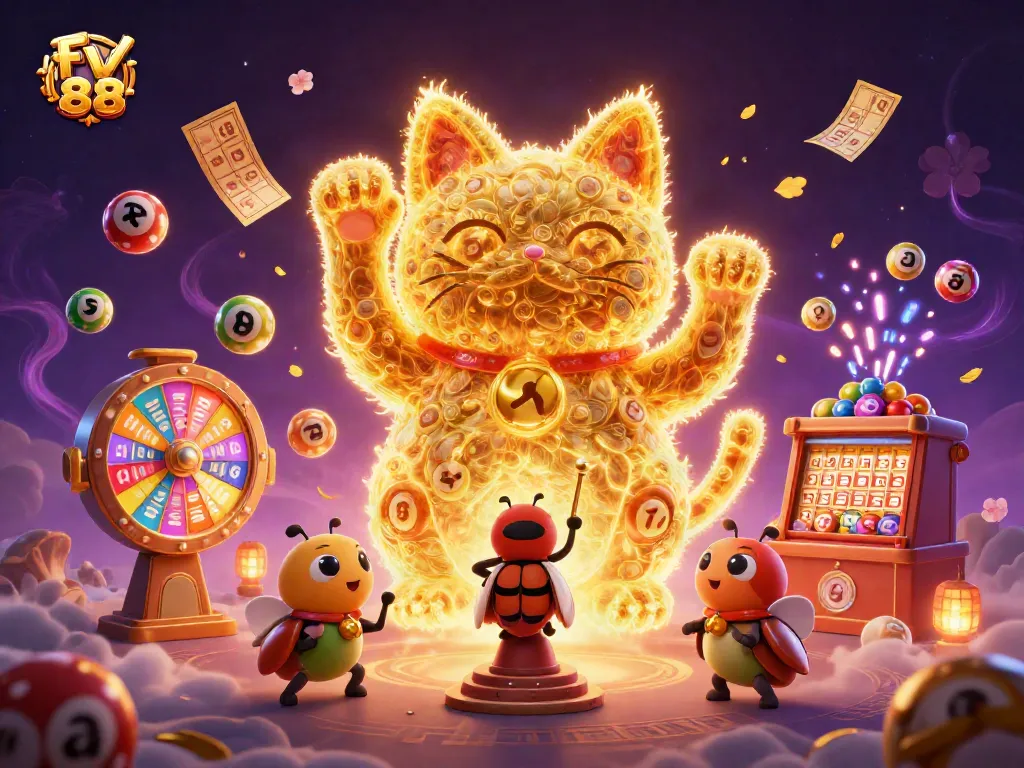 Experience the excitement of fv 88 with a vibrant illustration showcasing captivating casino symbols and characters.