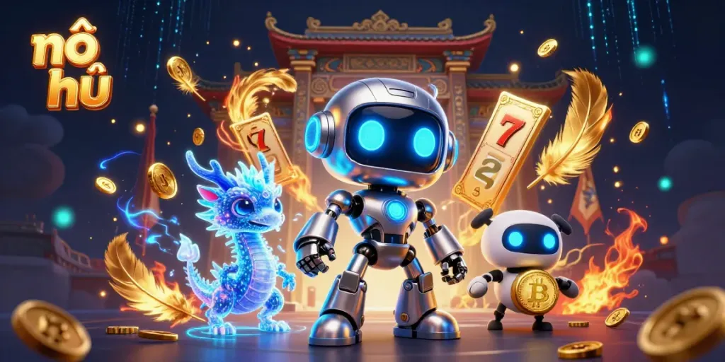 Experience the excitement of nổ hũ with a vibrant 3D scene featuring neon characters and dynamic casino elements.