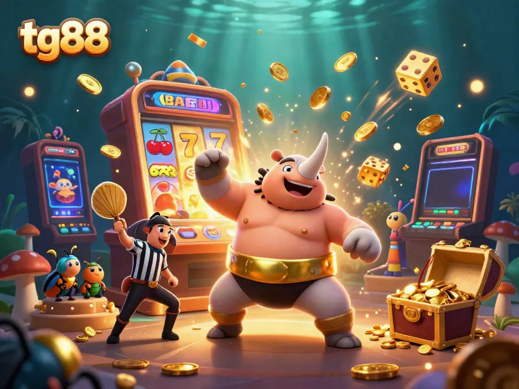 Experience the exciting world of tg88 with a lively 3D casino scene featuring a beetle sumo champion and dynamic slot machine action.
