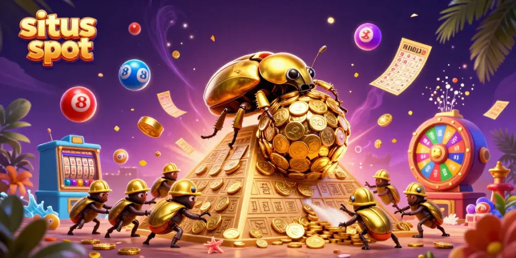 Permainan situs slot yang menarik dengan berbagai elemen menarik, termasuk koin emas dan simbol kasino.
