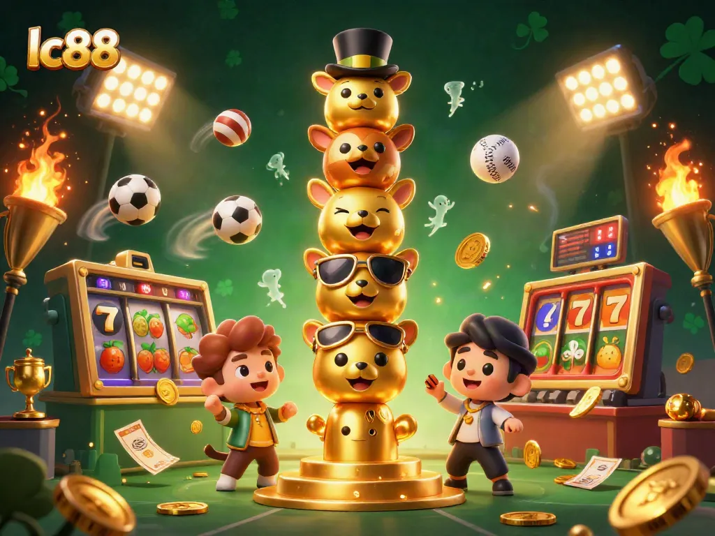 Enhance your betting experience with lc88's vibrant casino-themed 3D illustration filled with dynamic elements.