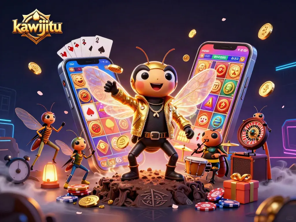 Kawijitu memutar mesin slot yang berkilauan dengan cicada rock star dalam ilustrasi 3D yang dinamis.