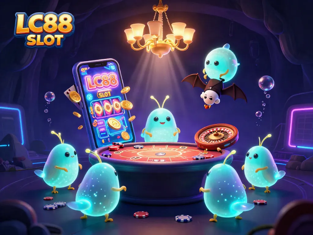 Experience the excitement of LC88 SLOT as glowworms illuminate a dynamic cave casino scene.