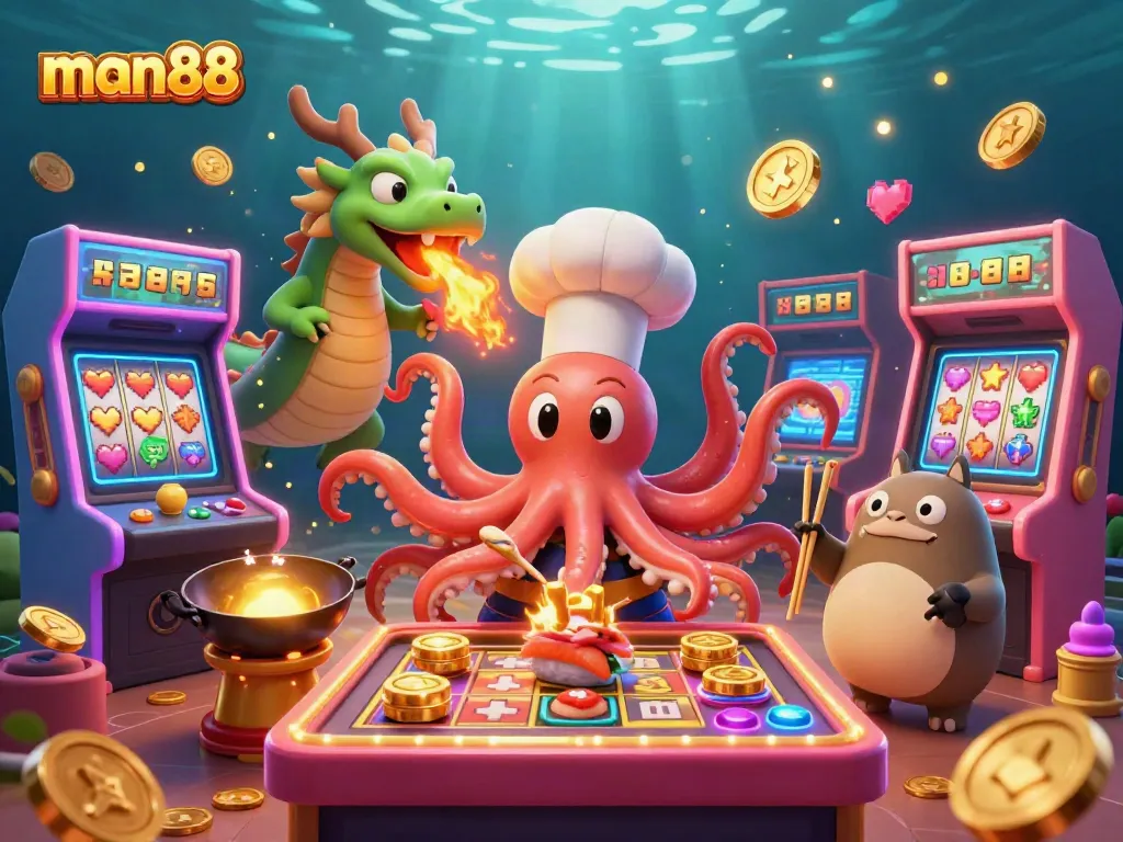 Experience the thrill of gaming at man88 with a vibrant casino scene featuring a cartoon octopus and dragon.