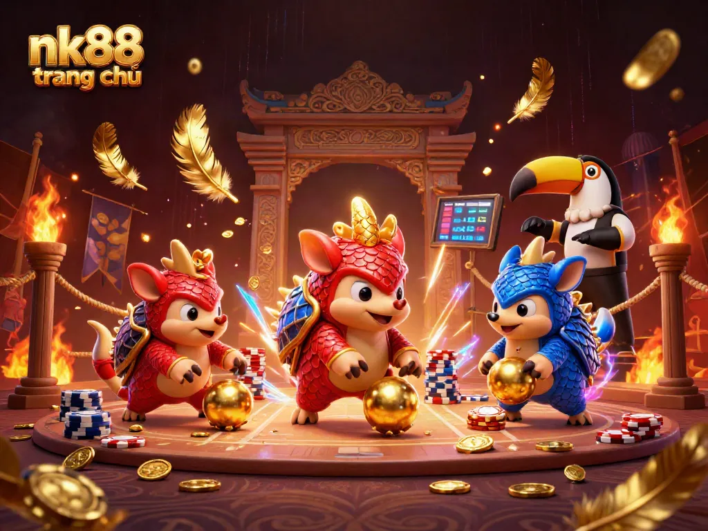 Engaging scene of nk88 trang chủ with colorful rival pangolins competing in a vibrant casino setting.