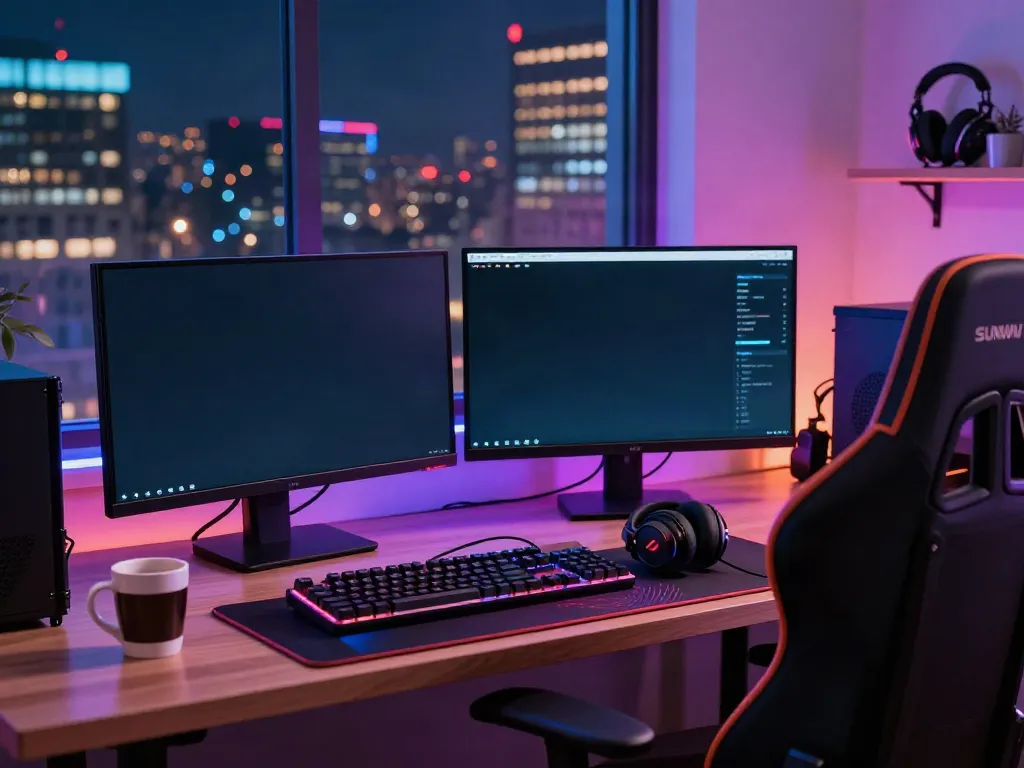 Exciting home gaming setup featuring Sunwin gaming interface on dual monitors.