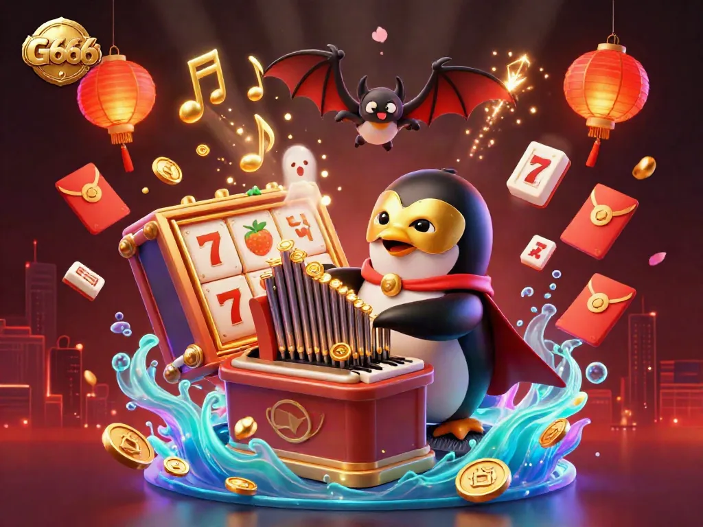 Experience the excitement of G666 with a vivid depiction of a whimsical casino scene featuring a phantom opera penguin.