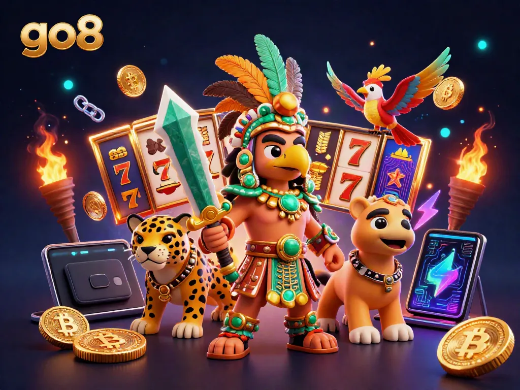 Experience thrilling jackpots with go8's Aztec warriors amidst vibrant gaming elements.