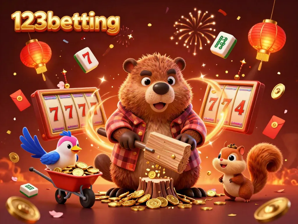 Join the fun at 123betting, where a lumberjack beaver finds treasures in this vibrant casino scene.