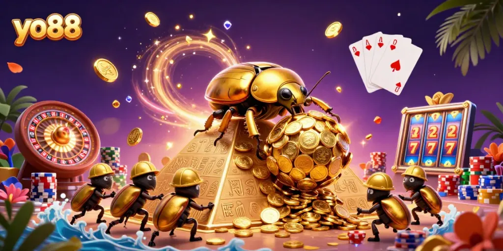 Engage with yo88's vibrant gaming scene featuring a golden dung beetle and casino elements.
