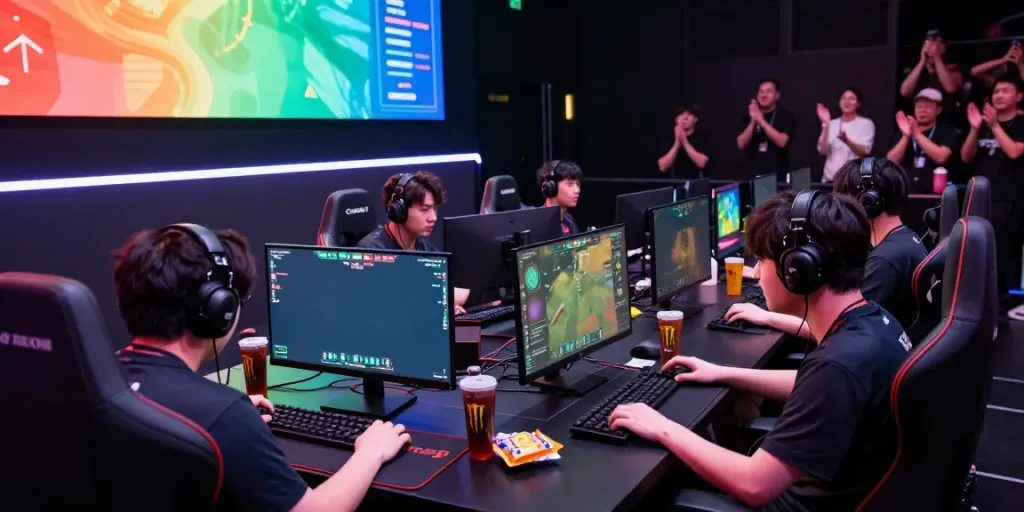 High-energy esports gaming scene showcasing tusuk88 competition with players and vibrant setup.