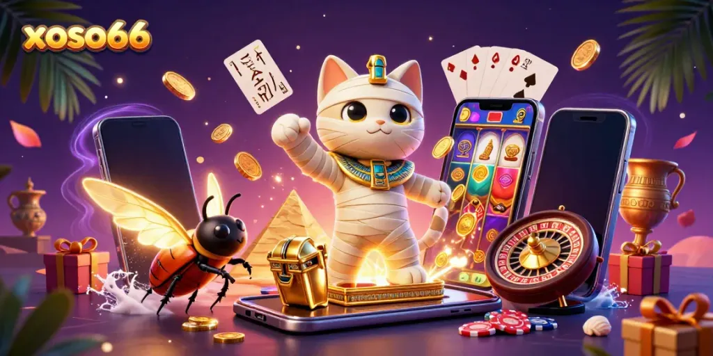 Engage with exciting xoso66 gaming adventure featuring a mummy cat and magic symbols.