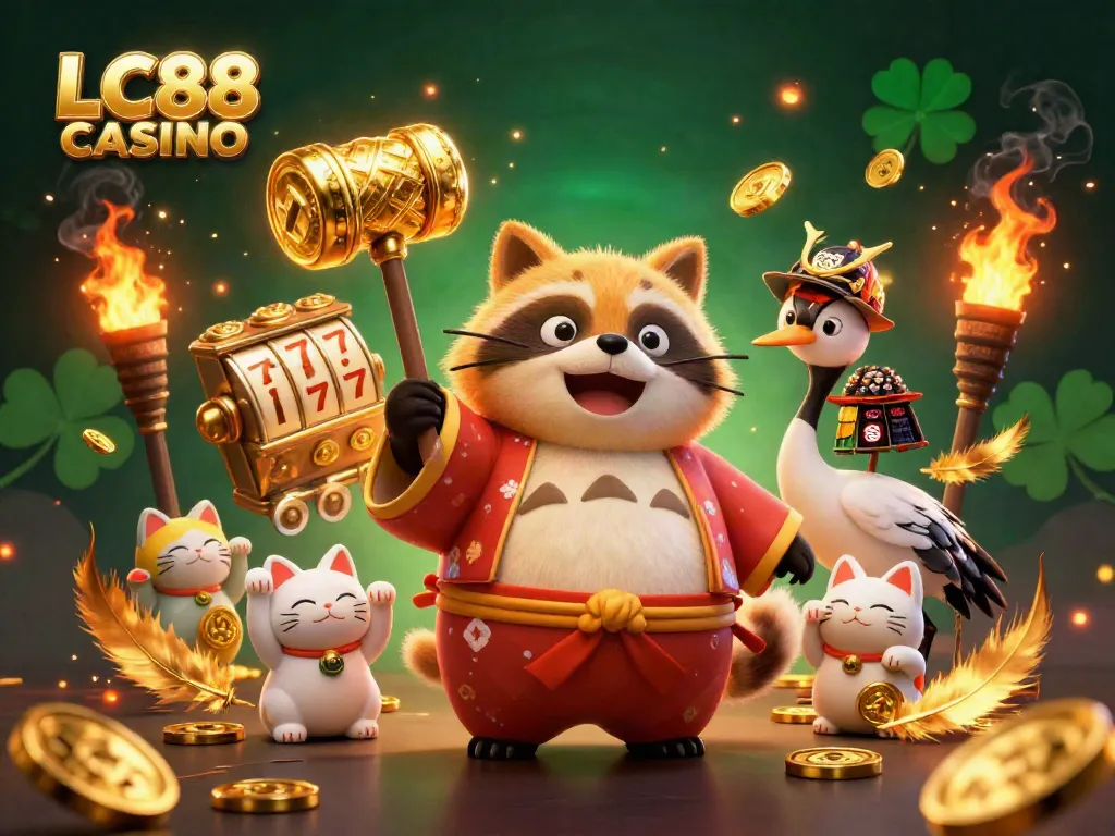 Experience the excitement of LC88 CASINO with a cheerful tanuki and vibrant symbols.