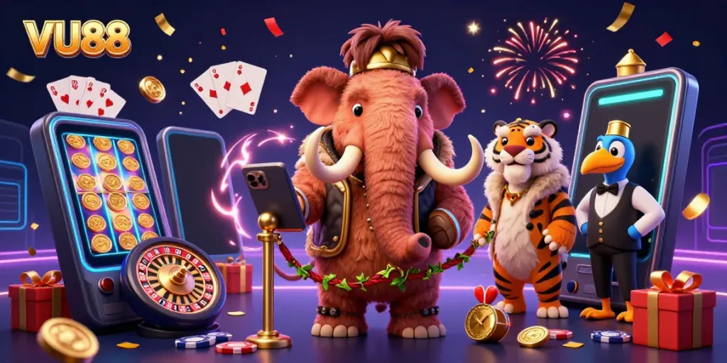 Experience the excitement of VU88 with a whimsical casino scene featuring unique characters and vibrant gaming elements.