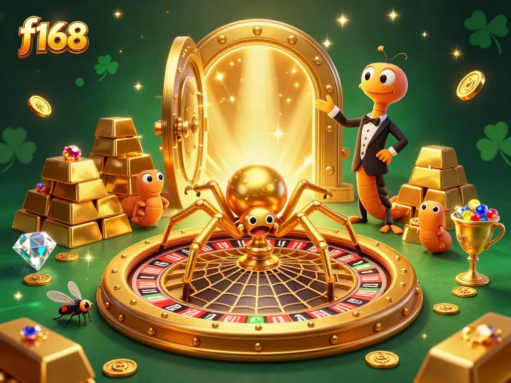 Experience the excitement at f168 with a giant golden roulette web and animated casino characters.