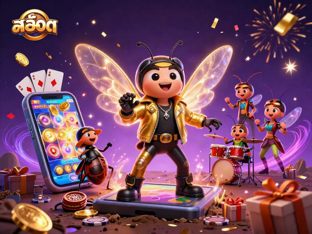 Spin the สล็อต reels with this vibrant 3D illustration showcasing casino elements and energetic characters.