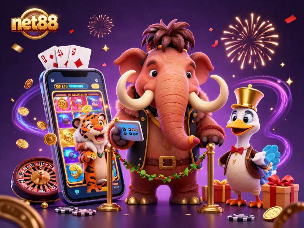 Experience net88 casino excitement with a vibrant scene featuring a woolly mammoth bouncer!
