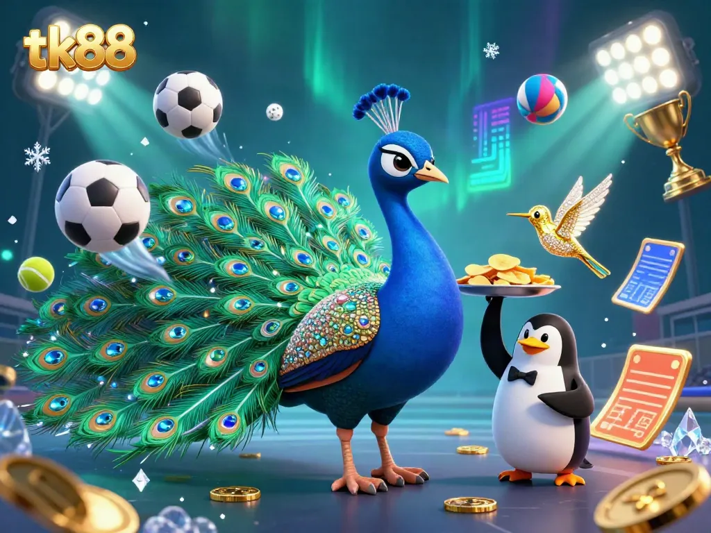 Experience tk88's vibrant gaming atmosphere with a majestic peacock and dynamic sports betting elements.