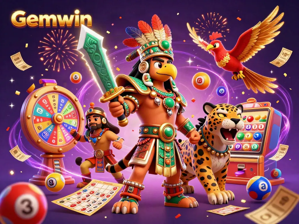 Gemwin engages players with vivid lottery elements and festive atmosphere in this vibrant 3D casino illustration.