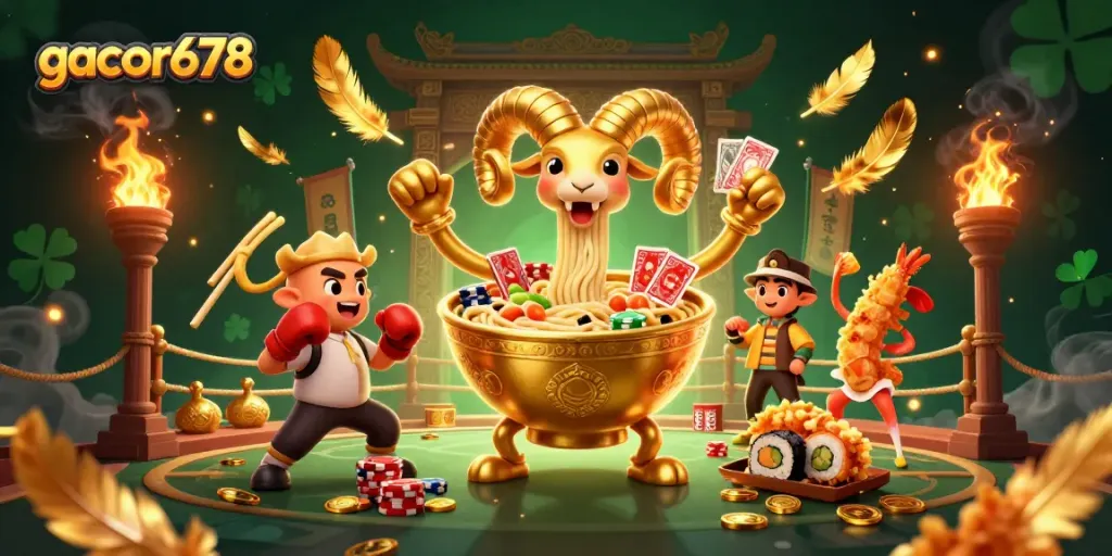 Join the excitement at gacor678, where a giant golden ramen bowl dealer and sushi companions bring games to life!