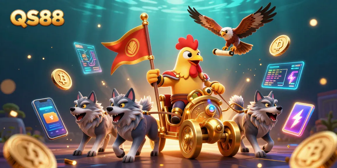 Experience thrilling bets with QS88 as a cartoon rooster warlord rides into a vibrant casino scene!