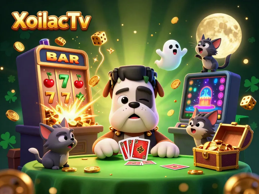 XoilacTv showcases a lively 3D digital casino scene featuring a Frankenstein bulldog, ghost mouse, and werewolf kitten.