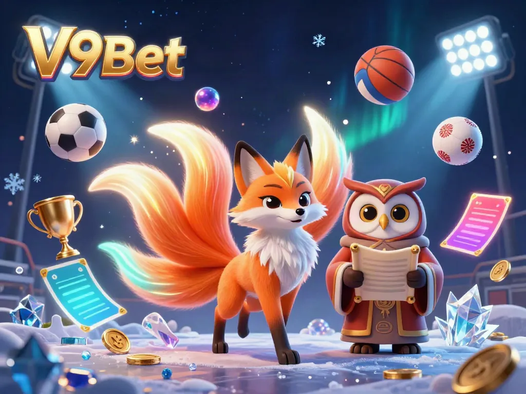 Engage with V9Bet's vibrant gaming world featuring sports balls and a fox spirit.