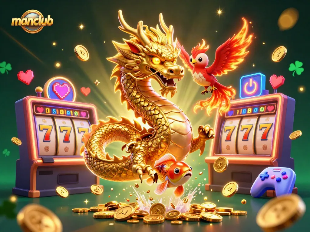 Experience thrilling gameplay at Manclub featuring lucky symbols, a dragon, and vibrant casino elements.