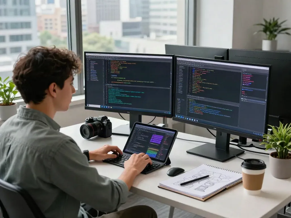 Developer coding in modern tech workspace symbolizing pecah404 and digital innovation.
