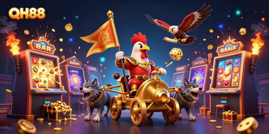 Experience thrilling jackpots at QH88 with a lively casino scene featuring a rooster warlord and exciting game elements.