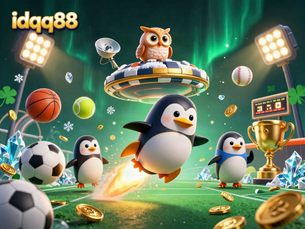 Experience idqq88's thrilling casino excitement with a rocket penguin and golden coins!