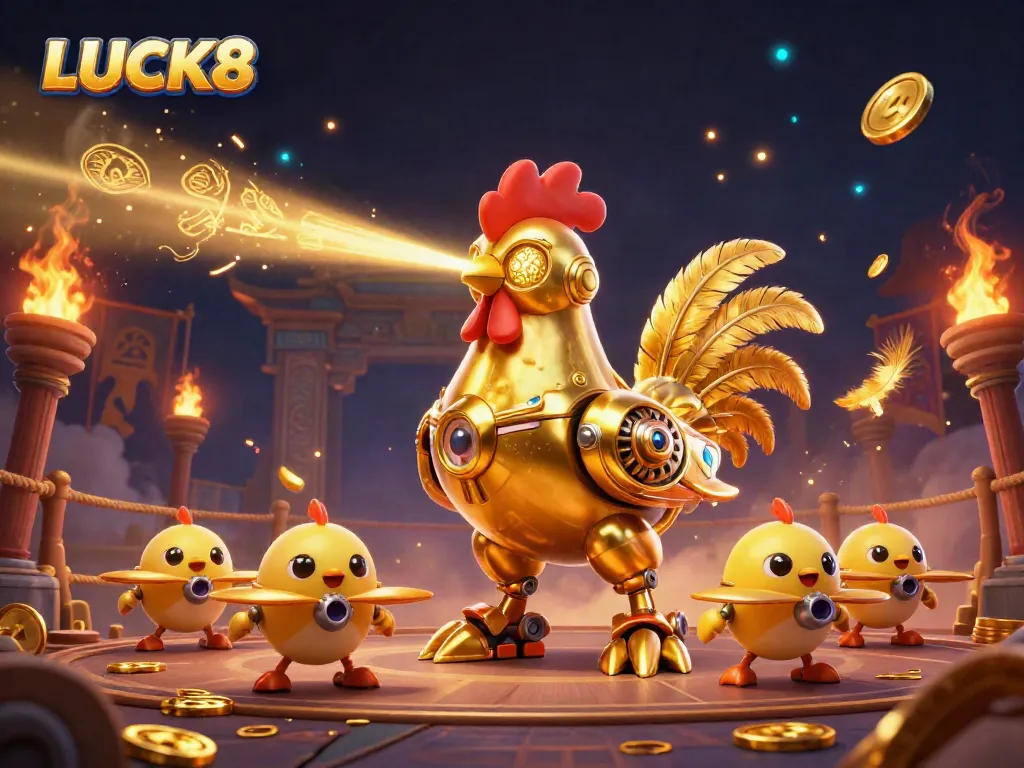 Experience the thrilling LUCK8 gaming atmosphere with dynamic characters and glowing gold elements.