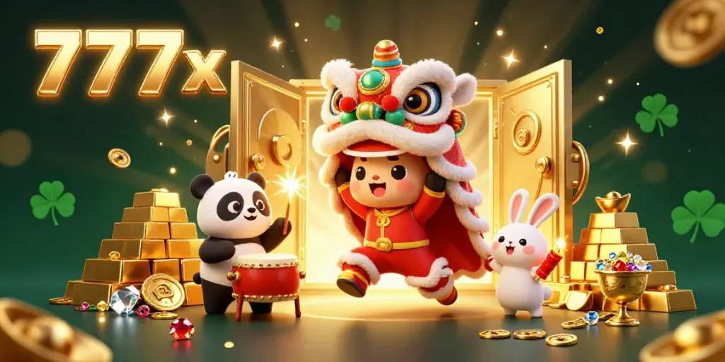 Experience the vibrant 777x casino scene with animated characters and dazzling gold elements.