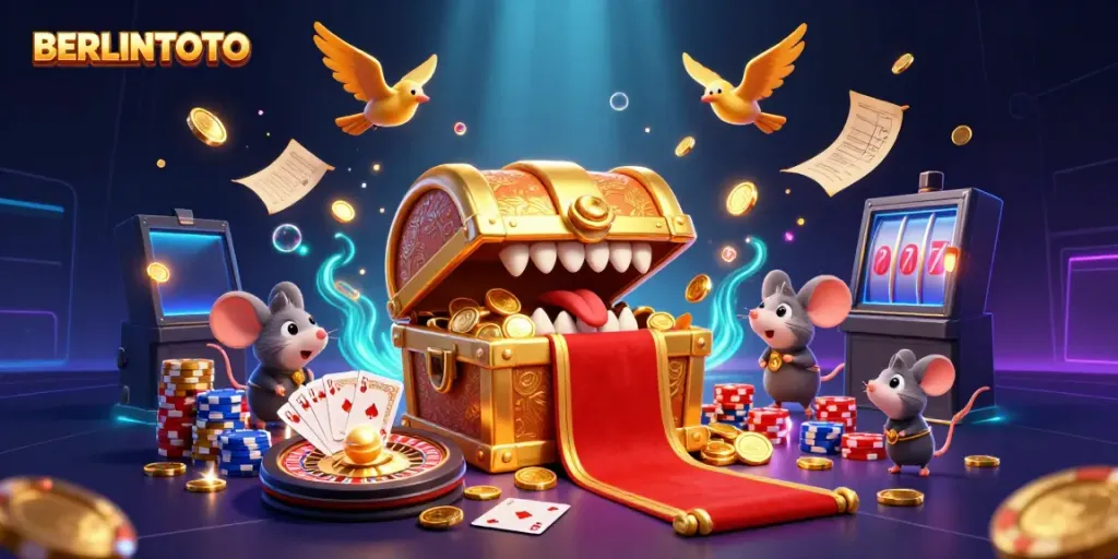 Experience the thrill of BERLINTOTO with vibrant casino-themed 3D illustration showcasing treasures and gaming elements.