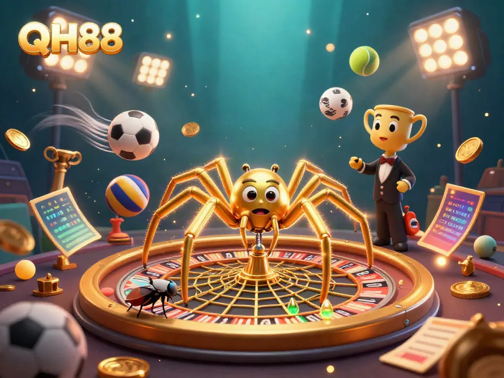 QH88 engagingly showcases a golden spider croupier in a roulette web with dynamic sports betting elements.