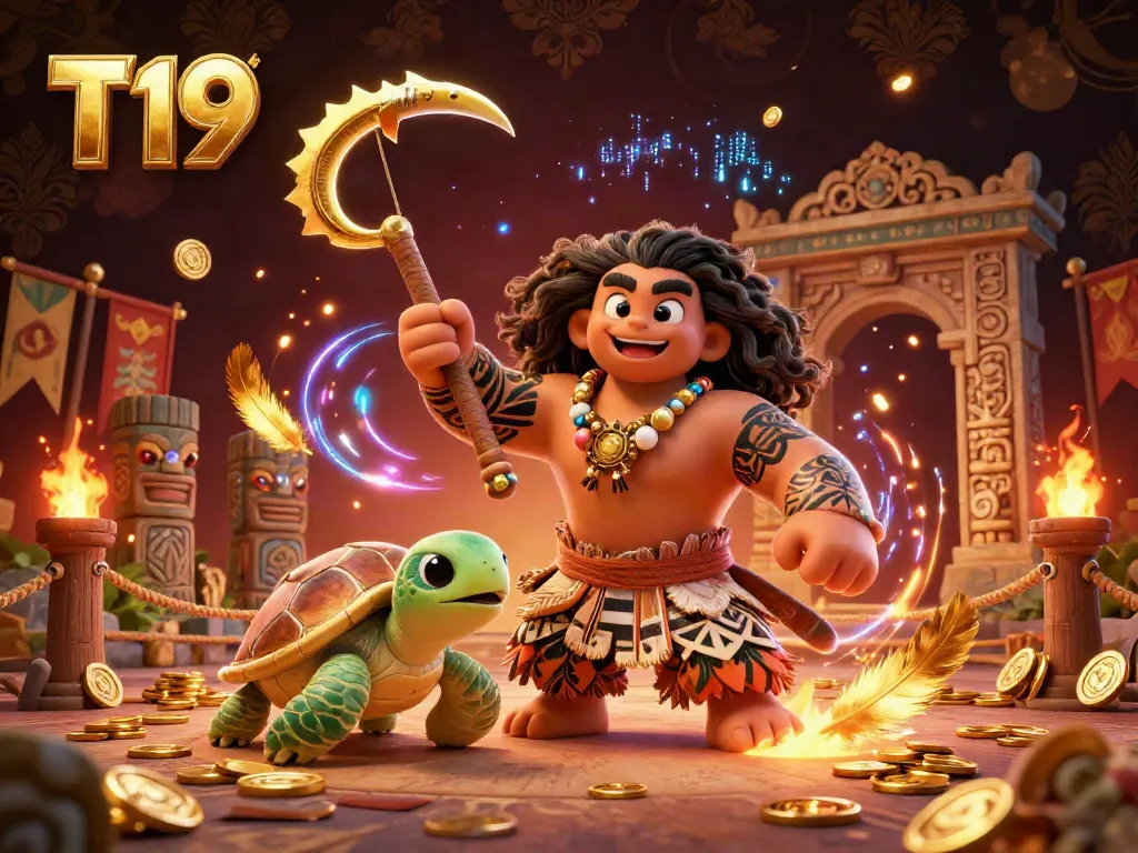 T19 casino scene features a demigod hawk and turtle in a vibrant gambling arena, showcasing magical elements and betting tokens.