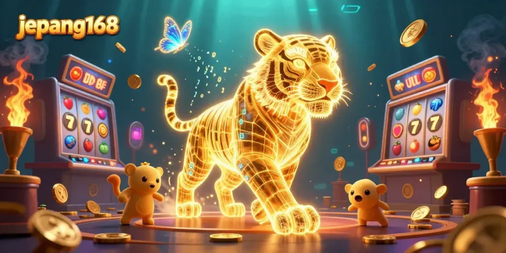 Experience excitement at Jepang168 with a golden tiger and vibrant slot reels in a dynamic casino landscape.