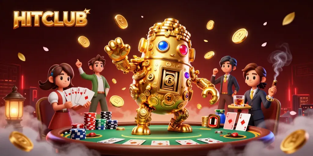 Experience the world of HITCLUB with vibrant casino action featuring a golden golem and poker elements.