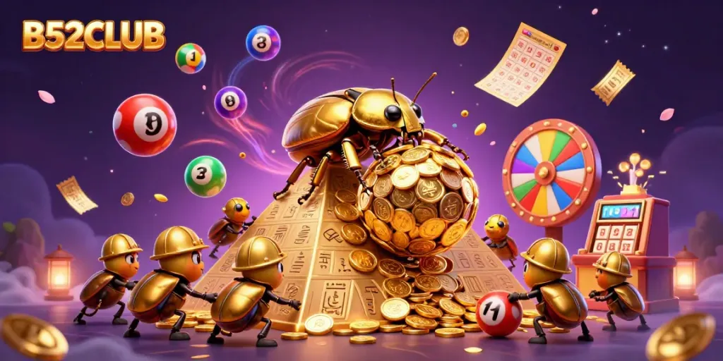 B52CLUB illustration depicting a golden beetle team rolling coins, surrounded by vibrant lottery elements.