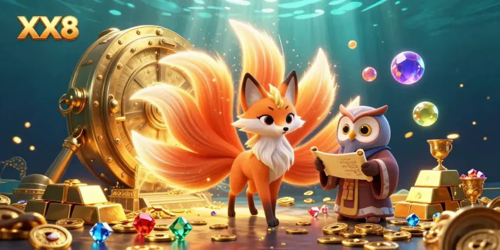 Engage in the exciting world of XX8 with a glowing nine-tailed fox spirit and an owl sage amidst gold treasures.