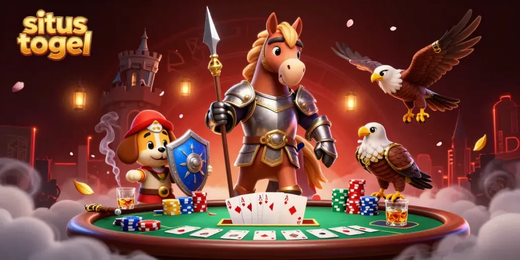 Experience situs togel excitement with knights and a poker scene in this immersive illustration.
