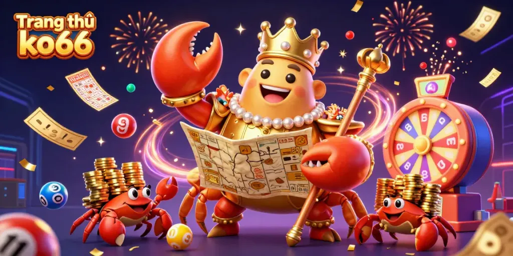 Experience the excitement with Trang chủ ko66 in this vibrant 3D casino scene featuring golden crab emperor, lottery balls, and confetti.