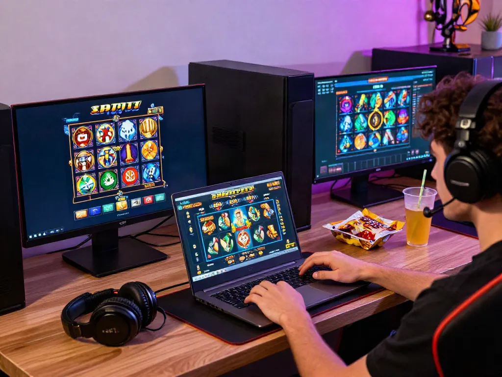 Engaged gamer experiencing thrilling slot777 action on a laptop with colorful game graphics.
