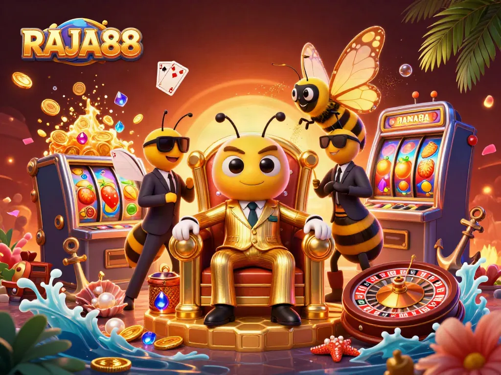 Engage in thrilling gameplay at RAJA88 with a vibrant casino scene filled with excitement.